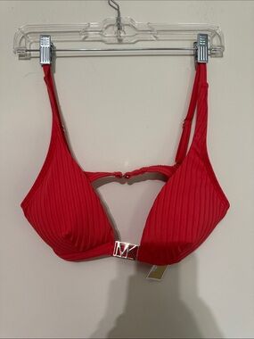 Michael Kors Red Ribbed Push-Up Swim Top with MK Front Clasp -  Sangria